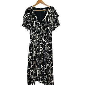 Vintage 90s DKNY Floral Hibiscus Print Dress Midi Black Tan  - 10